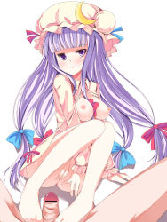 1girl bad_id bad_pixiv_id barefoot between_breasts blue_bow blue_ribbon blush bottomless bow breasts breasts_out censored cleft_of_venus crescent crescent_moon embodiment_of_scarlet_devil feet footjob hair_ribbon hat hat_ribbon large_breasts long_hair looking_away moon nipples pajamas patchouli_knowledge penis pointless_censoring purple_eyes purple_hair pussy red_bow red_ribbon ribbon solo_focus touhou yako