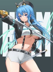 1girl alternate_costume beret black_background black_choker black_hat black_jacket black_necktie blue_eyes blue_hair braid breasts character_name choker closed_mouth collared_shirt commentary_request cowboy_shot crop_top cropped_jacket cropped_shirt gloves goddess_of_victory:_nikke hair_between_eyes hair_intakes hat helm_(nikke) highres holding holding_sheath holding_sword holding_weapon jacket large_breasts long_hair long_sleeves looking_at_viewer murakumi883 navel necktie open_clothes open_jacket sheath shirt short_necktie short_shorts shorts sidelocks smile solo standing stomach suspenders sword underboob weapon white_shirt white_shorts