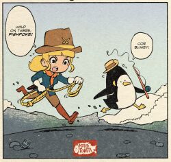 Rule 34 | 1girl, bird, black eyes, blonde hair, blunt bangs, boots, brown boots, brown pants, bug, english text, fishing rod, flying sweatdrops, gloves, hirotonfa, holding, holding fishing rod, holding lasso, knee boots, lasso, long sleeves, neckerchief, open mouth, orange neckerchief, original, pants, penguin, ponytail, short ponytail, solo, speech bubble, teeth, upper teeth only, white gloves