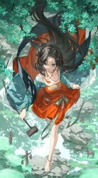 1girl :d absurdres ankle_rope bare_legs barefoot black_eyes black_hair chinese_clothes dipper dress facial_mark floating_hair forehead_mark from_above full_body green_sleeves hair_branch hair_bun hair_ornament hanfu highres holding holding_spoon horse_statue jewelry jiu_niangzi leaf lily_pad long_hair looking_at_viewer lotus_leaf open_mouth red_dress reverse:1999 rock short_dress single_side_bun skirt_hold smile solo spilling spoon statuette tassel tassel_hair_ornament tian_yanyan very_long_hair walking water wide_sleeves