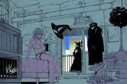 Rule 34 | 2girls, balcony, barefoot, bed, birdcage, black robe, bookshelf, boots, bra, cage, calendar (object), cigarette, gashapon, hat, hat rack, highres, indoors, industrial pipe, monochrome, multiple girls, neji (ultramarinesunset), open mouth, original, plant, potted plant, rabbit ears antenna, robe, short hair, sitting, smoking, star tattoo, stuffed animal, stuffed crocodile, stuffed toy, tattoo, tears, television, underwear, witch, witch hat
