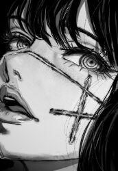 Rule 34 | 1girl, artist logo, artist name, chainsaw man, close-up, commentary, english commentary, esmile, greyscale, highres, logo, monochrome, open mouth, ringed eyes, scar, scar on face, scar on nose, solo, yoru (chainsaw man)