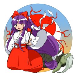 beard facial_hair genjii_(touhou) gohei hakurei_reimu hakurei_reimu_(pc-98) japanese_clothes kaigen_1025 long_beard long_hair low-tied_long_hair miko one_eye_closed orb pointing purple_eyes purple_hair red_skirt skirt smile thick_eyebrows touhou touhou_(pc-98) turtle wide_sleeves yin_yang yin_yang_orb