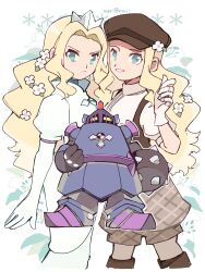 1boy 2girls blonde_hair brown_hat brown_overalls cowboy_shot dress hat highres knightman.exe mega_man_(series) mega_man_battle_network_(series) multiple_girls netnavi overalls princess_pride_(mega_man) shirt simple_background white_background white_dress white_shirt yukikokoro