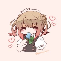 1girl =_= alternate_sleeve_length bloom2425 bow bowtie brown_hair closed_eyes commentary_request dress facing_viewer food green_bow green_bowtie highres kantai_collection medium_hair michishio_(kancolle) michishio_kai_ni_(kancolle) pinafore_dress pink_background popsicle simple_background sleeveless sleeveless_dress solo