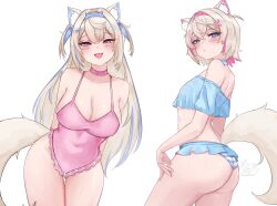 Rule 34 | 2girls, :d, absurdres, alternate costume, animal ear fluff, animal ears, arms behind back, ass, bandaid, bandaid hair ornament, bikini, blonde hair, blue bikini, blue eyes, blue hair, blue hairband, breasts, choker, cleavage, closed mouth, commentary, covered navel, crossed bangs, dog ears, dog girl, dog tail, double-parted bangs, english commentary, frilled bikini, frilled one-piece swimsuit, frills, fuwawa abyssgard, hair between eyes, hair ornament, hairband, hairclip, highres, hololive, hololive english, horn hairband, large breasts, long hair, looking at viewer, mococo abyssgard, multicolored hair, multiple girls, one-piece swimsuit, open mouth, pink choker, pink eyes, pink hair, pink hairband, pink one-piece swimsuit, short hair, siblings, simple background, sisters, smile, soup (soupysoull), streaked hair, striped bikini, striped clothes, swimsuit, tail, twins, two side up, virtual youtuber, white background, x hair ornament