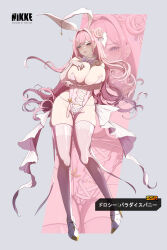1girl absurdres animal_ears areola_slip bow bowtie braid breasts character_name commentary_request copyright_name crown_braid detached_collar dorothy_(nikke) elbow_gloves fake_animal_ears gloves goddess_of_victory:_nikke hair_bun highres hyotenka_ichido large_breasts leotard long_hair navel panties partially_visible_vulva pink_bow pink_bowtie pink_gloves pink_hair pink_leotard pink_thighhighs playboy_bunny purple_eyes rabbit_ears shoes thighhighs underwear very_long_hair white_panties white_shoes