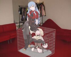 Rule 34 | 2girls, ascot, bang dream!, bang dream! it&#039;s mygo!!!!!, black ascot, black boots, black corset, black dress, black pantyhose, blue brooch, blue hair, boots, brown corset, cage, chinese commentary, closed mouth, commentary request, corset, crossed legs, doloris (bang dream!), dress, drooling, grey socks, hair ribbon, highres, in cage, kneehighs, long hair, long sleeves, misumi uika, mouth drool, multiple girls, oblivionis (bang dream!), open mouth, pantyhose, photo-referenced, photo background, red shirt, ribbon, shirt, short hair, short sleeves, socks, togawa sakiko, y iris30, yellow eyes, yuri