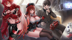 1boy 3girls absurdres anis_(nikke) bare_shoulders breasts cleavage commander_(nikke) counters_(nikke) dorothy_(nikke) faceless faceless_male gloves goddess_of_victory:_nikke hat highres jacket large_breasts leather leather_jacket long_hair looking_at_viewer micktv42 military_jacket military_uniform multiple_girls navel neon_(nikke) rapi_(nikke) rapi_(red_hood)_(nikke) shirt simple_background smile tactical_clothes two-tone_gloves