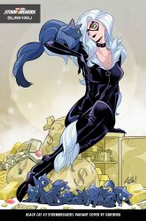 black_cat_(marvel) black_lips cat choker green_eyes gurihiru jumpsuit marvel money white_hair