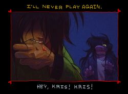 1girl 1other biting biting_own_thumb blood citrus-sours colored_skin deltarune english_text furry furry_female kris_(deltarune) long_hair nose purple_skin reptile_girl self-harm sharp_teeth shirt susie_(deltarune) teeth