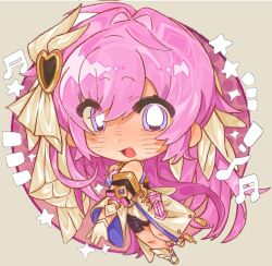 1girl black_shorts chibi chibi_only chinese_commentary commentary_request commission corset elysia_(herrscher_of_human:_ego)_(honkai_impact) elysia_(honkai_impact) gloves highres honkai_(series) honkai_impact_3rd long_hair musical_note open_mouth pink_hair purple_hair shorts simple_background solo star_(symbol) veil very_long_hair white_corset white_gloves white_veil yeming_(yeming66410)