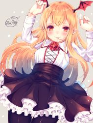 10s 1girl arms_up black_pantyhose blouse breasts chita_(ketchup) cowboy_shot dutch_angle female_focus grey_background hair_in_own_mouth head_wings high-waist_skirt highres long_hair looking_at_viewer medium_breasts pantyhose pointy_ears shingeki_no_bahamut shirt simple_background skirt solo standing thigh_gap vampy very_long_hair white_shirt wings