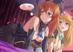 Rule 34 | 2girls, absurdres, alice gear aegis, animal ears, black pantyhose, blonde hair, blue eyes, blue neckerchief, bow, bowtie, breasts, charlotte e. yeager, cow ears, cow horns, fake animal ears, fake horns, fake tail, green bow, green bowtie, green eyes, hanging breasts, highres, horns, indoors, large breasts, leotard, long hair, multiple girls, neck bell, neckerchief, nipples, orange hair, origami yakko, pantyhose, playboy bunny, rabbit ears, rabbit tail, shirley oakley, strike witches, tail, world witches series