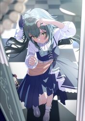 1girl blue_hat dress from_above gakuen_idolmaster green_eyes green_hair hat highres idolmaster long_hair looking_up misuzu0342 shoes solo standing tsukimura_temari white_shoes