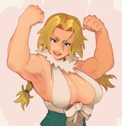 1girl armpits arms_up biceps blonde_hair braid breasts cleavage dr._stone dress feather_trim flexing green_dress hanada_nikki highres justrube large_breasts long_hair looking_at_viewer muscular muscular_female open_mouth sideboob smile solo twin_braids upper_body