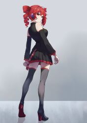1girl 34660_rin ahoge arms_at_sides belt black_boots black_shirt black_skirt black_sleeves black_thighhighs boots breasts colored_shoe_soles detached_sleeves drill_hair fingernails from_behind grey_background hair_between_eyes hashtag-only_commentary headphones headset high_heel_boots high_heels highres kasane_teto kasane_teto_(utau) looking_at_viewer looking_back medium_breasts microphone miniskirt on_floor pleated_skirt red_belt red_eyes red_hair red_nails shirt shoe_soles skirt sleeveless sleeveless_shirt solo standing thigh_boots thighhighs twin_drills twisted_torso utau zettai_ryouiki