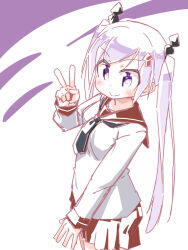 Rule 34 | 1girl, arrow (symbol), asano yagura, closed mouth, commentary request, highres, kamiya agari, long hair, purple eyes, school uniform, serafuku, shakunetsu no takkyuu musume, smile, solo, twintails, v