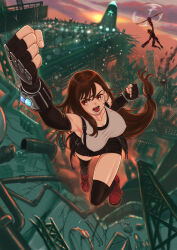 1girl 1other absurdres arm_up armpits bare_shoulders black_gloves black_hair black_skirt black_sports_bra black_thighhighs blurry blurry_background bracelet breasts clenched_hands collarbone commentary covered_erect_nipples crop_top earrings fighting_stance final_fantasy final_fantasy_vii final_fantasy_vii_remake fingerless_gloves floating_hair full_body glint gloves highres jewelry jumping large_breasts long_hair looking_at_viewer low-tied_long_hair materia miniskirt open_mouth outdoors red_eyes red_footwear shyiek_art skirt sports_bra sunset tank_top thighhighs thighs tifa_lockhart uppercut very_long_hair white_tank_top