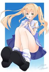 1girl :d back_bow black_shoes blonde_hair blue_background blue_bow blue_bowtie blue_skirt blush border bow bowtie convenient_leg eyes_visible_through_hair floating_hair foreshortening frilled_shirt frills full_body green_eyes hair_between_eyes hair_intakes hair_ornament hands_on_own_chest hands_up happy hashtag-only_commentary high-waist_skirt highres long_hair looking_at_viewer mary_janes miraikanai official_alternate_costume open_mouth outside_border ringed_eyes shirt shoe_soles shoes short_sleeves sidelocks signature simple_background skirt smile socks solo summer_pockets thighs tsumugi_wenders white_border white_shirt white_socks x_hair_ornament