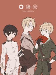 Rule 34 | 3boys, ahoge, america (hetalia), american flag, axis powers hetalia, belt, black-framed eyewear, black belt, black eyes, black gloves, black hair, blonde hair, blue eyes, book, breast pocket, brown belt, brown jacket, brown pants, buttons, closed mouth, collared shirt, commentary request, cowboy shot, english text, from side, fur-trimmed jacket, fur trim, glasses, gloves, green eyes, green necktie, green pants, green shirt, hand on own hip, hand up, highres, holding, holding book, holding sword, holding weapon, jacket, japan (hetalia), japanese flag, katana, lapels, long sleeves, looking at viewer, male focus, military jacket, military uniform, multiple boys, necktie, open book, open clothes, open jacket, pants, pocket, puffy long sleeves, puffy sleeves, red background, semi-rimless eyewear, sheer candy, shirt, short hair, simple background, smile, standing, star (symbol), sword, union jack, united kingdom (hetalia), weapon, white jacket, white pants, white shirt