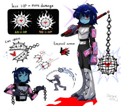 1other armor blue_skin closed_mouth colored_skin deltarune full_body gloves highres holding holding_weapon kris_(dark_world)_(deltarune) kris_(deltarune) looking_at_viewer mellonfish red_eyes simple_background soul_(deltarune) weapon