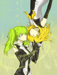 2girls aihara_kaya alternate_hairstyle bad_id bad_pixiv_id blonde_hair elbow_gloves gloves green_eyes green_hair hair_ribbon hatsune_miku hatsune_miku_(roshin_yuukai/nitamagomix) kagamine_rin kagamine_rin_(roshin_yuukai) kaya_aihara meltdown multiple_girls ribbon roshin_yuukai_(vocaloid) twintails vocaloid