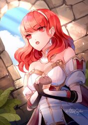 1girl armor black_skirt breastplate breasts cape celica_(fire_emblem) choker cleavage creyton dress earrings fingerless_gloves fire_emblem fire_emblem_echoes:_shadows_of_valentia gloves highres jewelry leaf long_hair medium_breasts nintendo orange_eyes orange_hair praying princess red_eyes red_hair skirt solo tiara white_armor white_dress