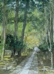 Rule 34 | bare tree, commentary request, dappled sunlight, day, highres, no humans, original, outdoors, painting (medium), park, path, road, scenery, shadow, signature, sunlight, traditional media, tree, watanabe masato, watercolor (medium)