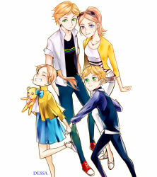 2boys 2girls adrien_agreste aged_down annoyed ballet_flats bangs_pinned_back blonde_hair blue_bow blue_eyes bow cardigan child chloe_bourgeois couple dessa-nya eyewear_on_head formal_clothes green_eyes grin hetero highres holding_hands jacket leaning_on_person miraculous_ladybug multiple_boys multiple_girls playing ponytail pulling pulling_another&#039;s_clothes queen_bee running shirt shoes smile sneakers strawberry_blonde striped_clothes striped_shirt stuffed_animal stuffed_toy suit sunglasses teddy_bear yellow_cardigan yellow_jacket