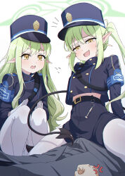 1boy 2girls :d :o assertive_female black_jacket black_shorts blue_archive blue_hair bulge commentary_request demon_tail earrings fang floating_earrings gloves green_hair green_halo grey_jacket grey_pants half-closed_eyes halo highres hikari_(blue_archive) jacket jewelry lhofi long_hair long_sleeves looking_at_another mesugaki multiple_girls nozomi_(blue_archive) open_mouth pants pointy_ears sensei_(blue_archive) shorts siblings sidelocks sisters skin_fang smile squatting straddling tail tailjob twins twintails upper_body upshirt white_gloves yellow_eyes
