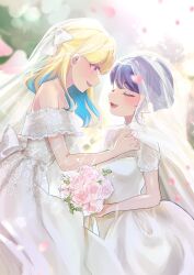 2girls absurdres blonde_hair blue_hair bouquet bridal_veil closed_eyes colored_inner_hair commentary_request dress falling_petals flower highres holding holding_bouquet multicolored_hair multiple_girls open_mouth original outdoors petals pink_flower pink_rose purple_eyes purple_hair rose smile veil wedding_dress wei_yong white_dress wife_and_wife yuri