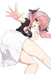 1girl ahoge akiyoshi_nekoko black_bow black_shirt bow breasts feet_out_of_frame frills ghost_villager hair_between_eyes hair_ornament hand_up koiiro_marriage legs long_hair looking_at_viewer lying maid maid_headdress miniskirt on_side open_mouth outstretched_arm outstretched_hand pink_hair shirt shirt_bow short_puffy_sleeves simple_background skirt small_breasts solo twintails white_background white_skirt yellow_eyes
