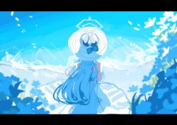 1girl absurdres alternate_costume alternate_hairstyle blue_archive demon_girl demon_horns dress from_behind hat highres horns kayoko_(blue_archive) megumi_kei ocean scenery solo sun_hat white_dress white_hair white_hat