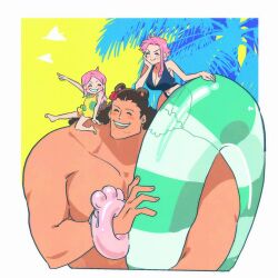 1boy 2girls ^_^ animal_ears bartholomew_kuma bear_ears bikini blue_bikini blush closed_eyes commentary_request curly_eyebrows family freckles ginny_(one_piece) highres holding holding_swim_ring innertube jewelry_bonney medium_hair multiple_girls on_shoulder one_piece palm_tree sidelocks size_difference sky swim_ring swimsuit topless_male tree ususmomo yellow_sky