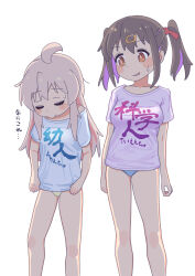 2girls ahoge blue_panties blue_shirt breasts brown_eyes brown_hair closed_eyes colored_inner_hair dainaru feet_out_of_frame hair_ornament hairclip highres long_hair medium_breasts multicolored_hair multiple_girls no_pants onii-chan_wa_oshimai! oyama_mahiro oyama_mihari panties parted_lips pink_shirt print_shirt purple_hair shirt short_sleeves siblings simple_background sisters small_breasts standing t-shirt text_print translation_request twintails underwear white_background yellow_panties yurie_mouth