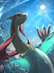 Rule 34 | absurdres, animal focus, antennae, blue sky, bo (bouillustration), colored sclera, gen 3 pokemon, highres, milotic, nintendo, no humans, outdoors, partially submerged, pokemon, pokemon (creature), pokemon focus, red eyes, red sclera, scales, sky, sun, water