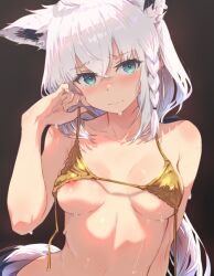 1girl animal_ear_fluff animal_ears aqua_eyes barichieiro bikini black_ribbon blush braid breasts closed_mouth commentary_request crossed_bangs double-parted_bangs extra_ears fox_ears fox_girl fox_tail gold_bikini hair_between_eyes hair_ribbon highres hololive linea_alba long_hair looking_at_viewer low_ponytail medium_breasts nipple_slip nipples ponytail ribbon shirakami_fubuki side_braid simple_background single_braid solo straight-on strap_lift string_bikini swimsuit tail untied_bikini_top upper_body virtual_youtuber wavy_mouth white_hair