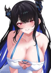 Rule 34 | 1girl, absurdres, alternate costume, areola slip, asymmetrical horns, bare shoulders, black hair, blue hair, breasts, cleavage, demon horns, dress, highres, hololive, hololive english, horns, large breasts, long hair, mole, mole under eye, multicolored hair, nerissa ravencroft, parted lips, simple background, smile, solo, two-tone hair, uneven horns, upper body, virtual youtuber, white background, white dress, xynian arts