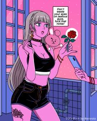 Rule 34 | 1girl, absurdres, anchor symbol, arsnzip, artist name, black shorts, blonde hair, blue eyes, blunt bangs, bracelet, breasts, cellphone, choker, cleavage, colored skin, commentary, cowboy shot, crop top, earrings, english commentary, english text, flower, highres, holding, holding flower, holding phone, indoors, jewelry, leg tattoo, long hair, medium breasts, midriff, nail polish, open mouth, original, phone, pink skin, red flower, rose, short shorts, shorts, sky, smartphone, solo, standing, star (sky), starry sky, tattoo, translation request, very long hair