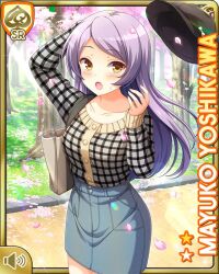 Rule 34 | 1girl, :o, black headwear, black shirt, card, character name, cherry blossoms, day, denim, denim skirt, girlfriend (kari), grey hair, hat, long hair, multicolored shirt, official art, open mouth, outdoors, plaid clothes, plaid shirt, qp:flapper, shirt, skirt, solo, tagme, white shirt, yellow eyes, yoshikawa mayuko