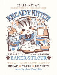 1girl :3 ad animal_ears animal_hands apron baking biscuit_(bread) black_bow black_bowtie black_eyes blue_dress blue_theme bow bowl bowtie bread cat_ears cat_girl cat_tail classic_lolita commentary daisy_(flower) dough dress english_commentary english_text fake_ad flower food furry furry_female grey_fur jar kneading_dough loaf_of_bread lolita_fashion open_mouth original paw_print poster_(medium) samantha_whitten signature simple_background smile solid_circle_eyes solo striped_fur tail white_apron white_background