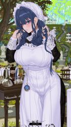 1girl absurdres alcohol apron black_dress blue_eyes blush bottle braid breasts building commentary cup dress drinking_glass embroidered_dress english_commentary frilled_hat frills garden grabbing_own_hair hair_intakes hanada_yanochi hat high-waist_dress highres hololive hololive_english large_breasts long_hair low_twin_braids maid maid_apron mob_cap official_alternate_costume official_alternate_hairstyle ouro_kronii ouro_kronii_(maid) outdoors parted_lips patreon_username pocket_watch puritan_collar solo stairs standing statue table tree twin_braids victorian_maid virtual_youtuber watch white_apron wrist_cuffs