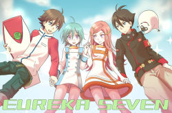 00s 2boys 2girls :d ahoge anemone_(eureka_seven) animal blue_eyes blush brown_hair dominic_sorel eureka_(eureka_seven) eureka_seven eureka_seven_(series) from_below green_hair gulliver_(eureka_seven) hair_between_eyes holding_hands jacket looking_at_viewer multiple_boys multiple_girls open_mouth pink_eyes raglan_sleeves renton_thurston short_hair short_shorts shorts simple_background smile standing surfboard sweatdrop turtleneck uniform