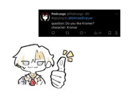 1girl :3 ascot blonde_hair chibi kromer_(project_moon) limbus_company multicolored_hair project_moon red_ascot request_inset short_hair simple_background solo streaked_hair thumbs_up white_background white_hair yongsa_(ishmaelenjoyer)