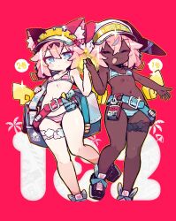 2girls animal_ear_fluff animal_ears armpits belt belt_pouch bikini blue_bikini blue_eyes blush blush_stickers cat_ears cat_girl closed_eyes closed_mouth cooler cropped_legs dark-skinned_female dark_skin demusato_(udmp) flat_chest hair_between_eyes high_five highres looking_at_viewer multiple_girls navel open_mouth original pink_hair pouch red_background red_bikini smile speech_bubble stomach striped_bikini striped_clothes swimsuit thigh_strap