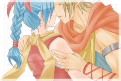 1boy 1girl aqua_shirt armlet blonde_hair blue_hair bracelet braid braided_ponytail commentary_request couple dragon_quest dragon_quest_xi faris_(dq11) gold_armlet hair_over_eyes hair_ribbon hand_on_another&#039;s_arm hand_on_another&#039;s_shoulder hetero imminent_kiss jewelry mame2013 maya_(dq11) orange_scarf parted_lips red_ribbon red_vest ribbon scarf shirt short_hair silver_armlet upper_body vest white_background white_shirt yellow_scarf yellow_shirt
