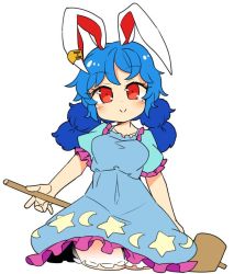 1girl animal_ears blue_dress blue_hair blush closed_mouth cowboy_shot crescent_print cropped_legs dress earclip frilled_dress frills hair_between_eyes ini_(inunabe00) kine long_hair mallet rabbit_ears red_eyes seiran_(touhou) short_sleeves simple_background smile solo star_(symbol) star_print touhou white_background