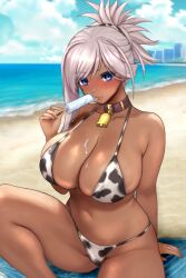 1girl absurdres animal_print bare_shoulders beach bell bikini blue_eyes blue_sky blush breasts cleavage collar collarbone cow_print cow_print_bikini cowbell fate/grand_order fate_(series) food highres large_breasts long_hair looking_at_viewer miyamoto_musashi_(fate) navel pink_hair ponytail popsicle print_bikini raskasar shore sky solo swept_bangs swimsuit tan thighs white_bikini