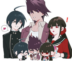 ! 1girl 2boys ahoge black_hair black_jacket black_sailor_collar blush brown_eyes brown_hair buttons collarbone cropped_torso danganronpa_(series) danganronpa_v3:_killing_harmony double-breasted facial_hair food gaba33 goatee grin highres holding holding_food ice_cream jacket long_hair long_sleeves low_twintails multiple_boys notice_lines open_clothes open_jacket pink_eyes pink_jacket red_eyes red_scrunchie red_shirt saihara_shuichi sailor_collar scrunchie shirt simple_background smile spiked_hair teeth twintails white_background white_shirt